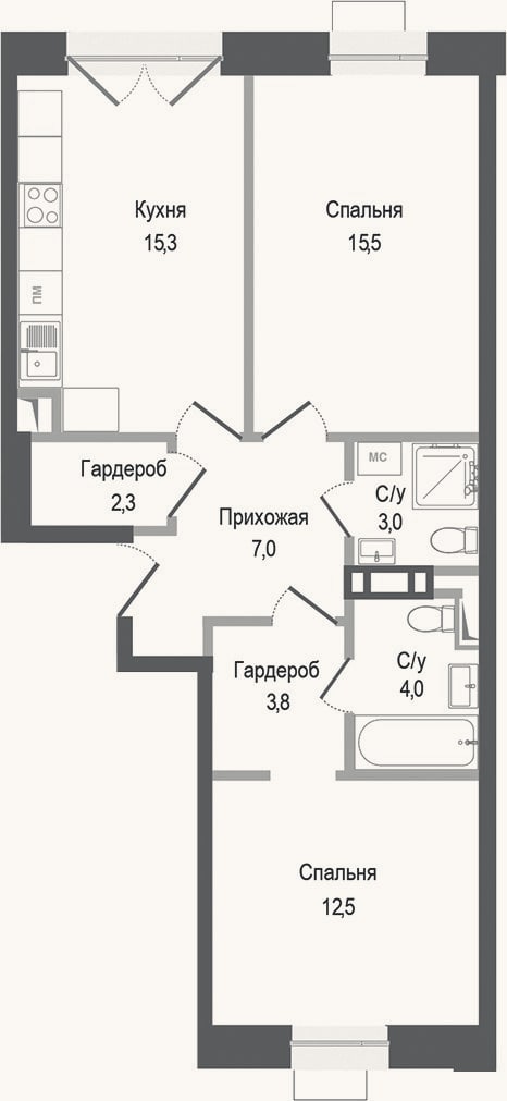 Планировка: 2-к, 63,4 м²