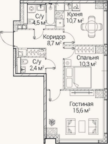 Планировка: 2-к, 52,2 м²