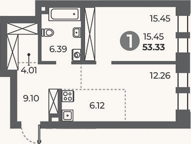 Планировка: 1-к, 53,3 м²