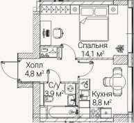 Планировка: 1-к, 31,5 м²