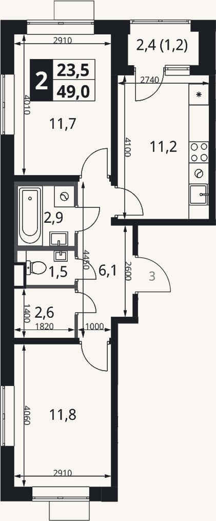 Планировка: 2-к, 47,8 м²
