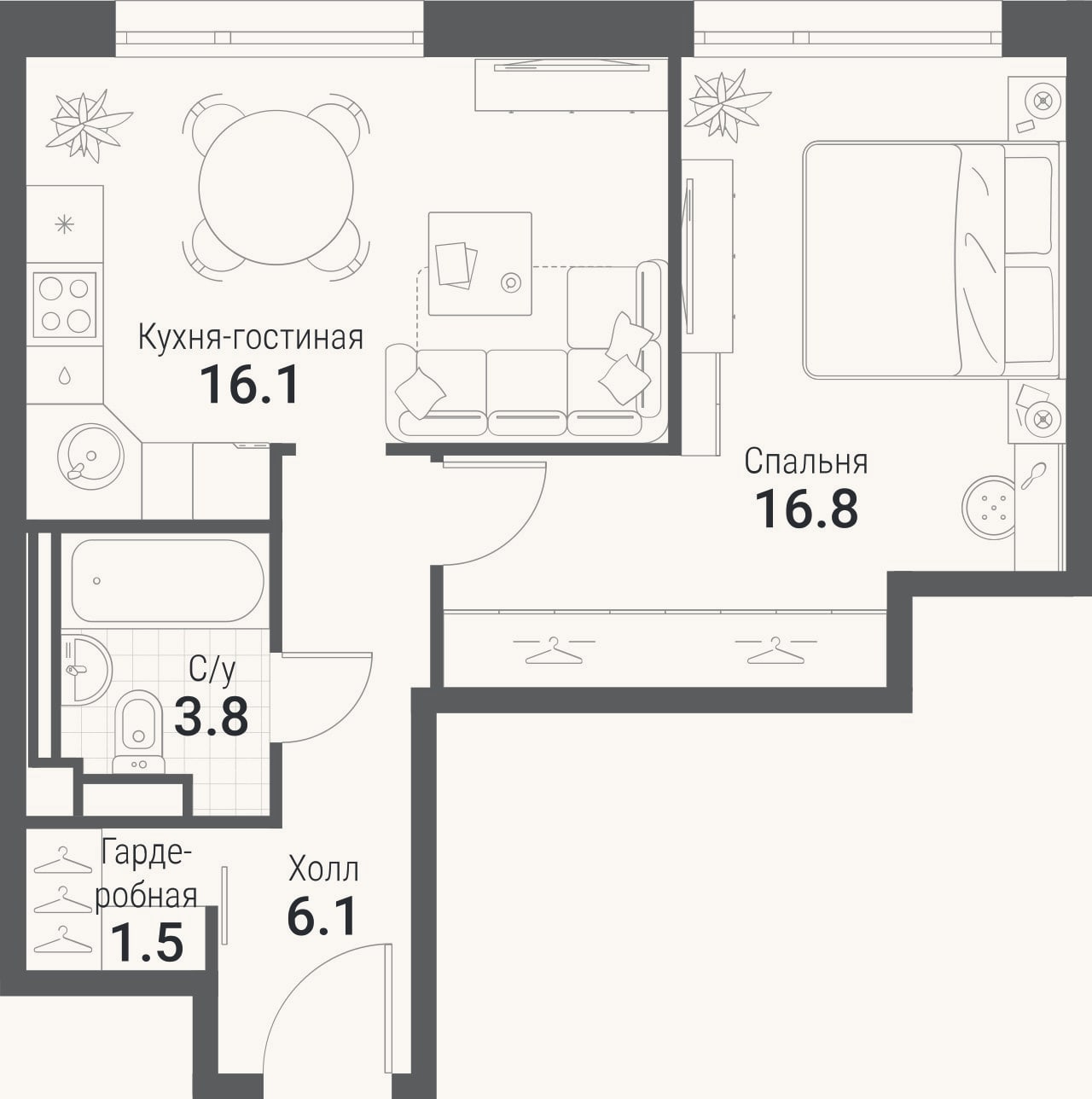 Планировка: 2-к, 43,8 м²