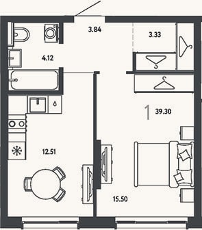 Планировка: 1-к, 39,3 м²