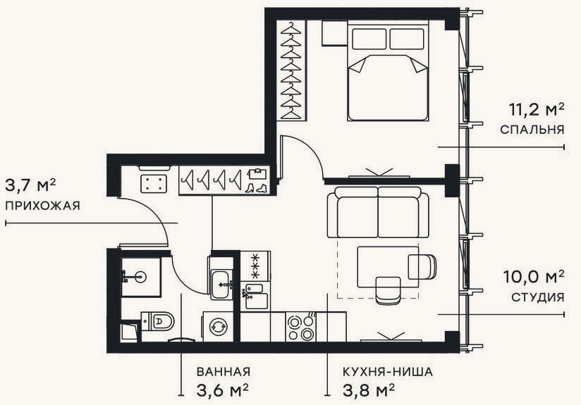 Планировка: 2-к, 32,3 м²