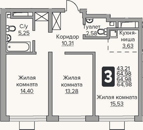 Планировка: 3-к, 65 м²