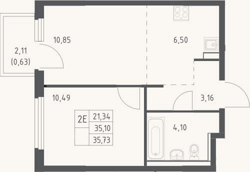Планировка: 2-к, 35,1 м²