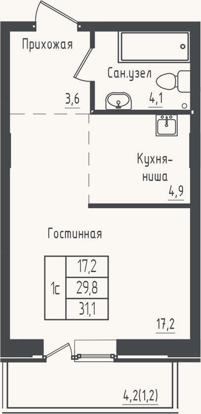 Планировка: Студия, 29,8 м²