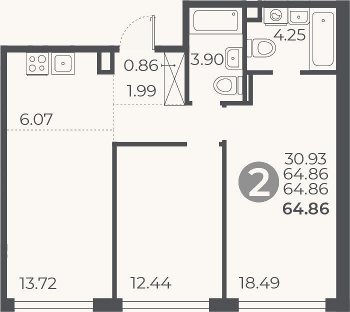 Планировка: 2-к, 64,9 м²