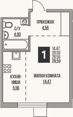 Планировка: Студия, 28,6 м²