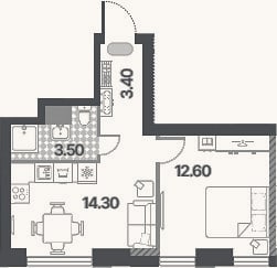 Планировка: 2-к, 33,8 м²