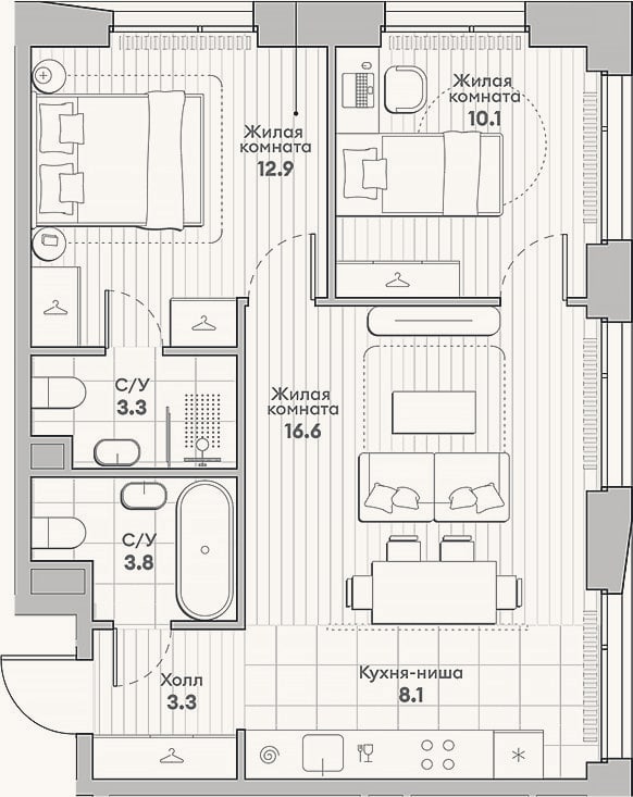 Планировка: 3-к, 58,1 м²