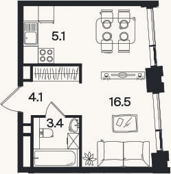Планировка: Студия, 29,1 м²