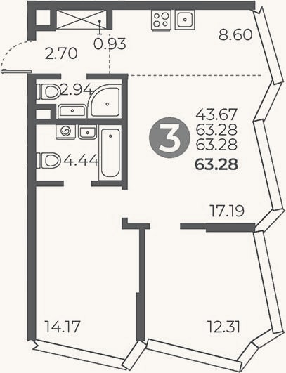 Планировка: 2-к, 63,3 м²
