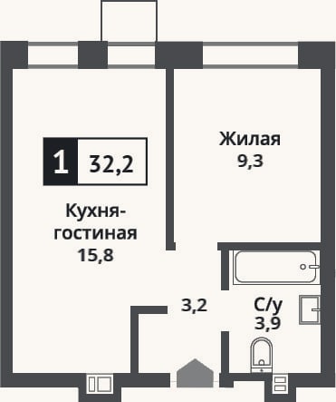 Планировка: 2-к, 32,2 м²
