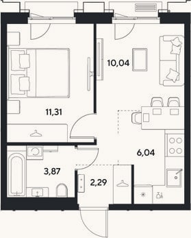Планировка: 2-к, 33,6 м²
