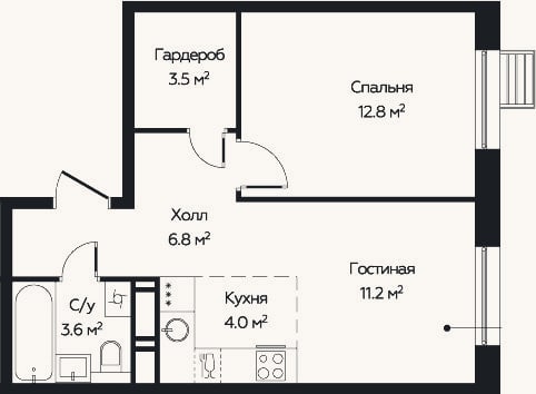 Планировка: 2-к, 40,7 м²