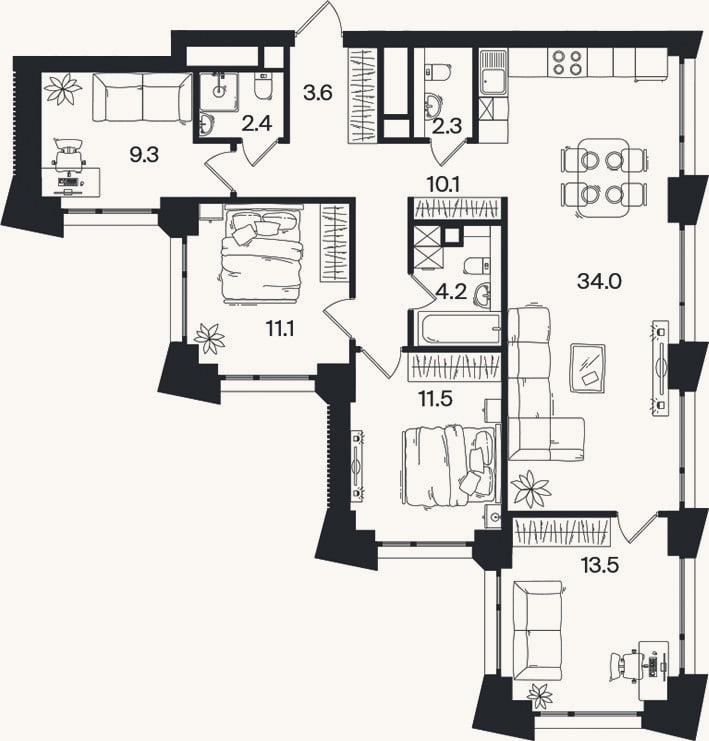 Планировка: 4+ к, 102 м²