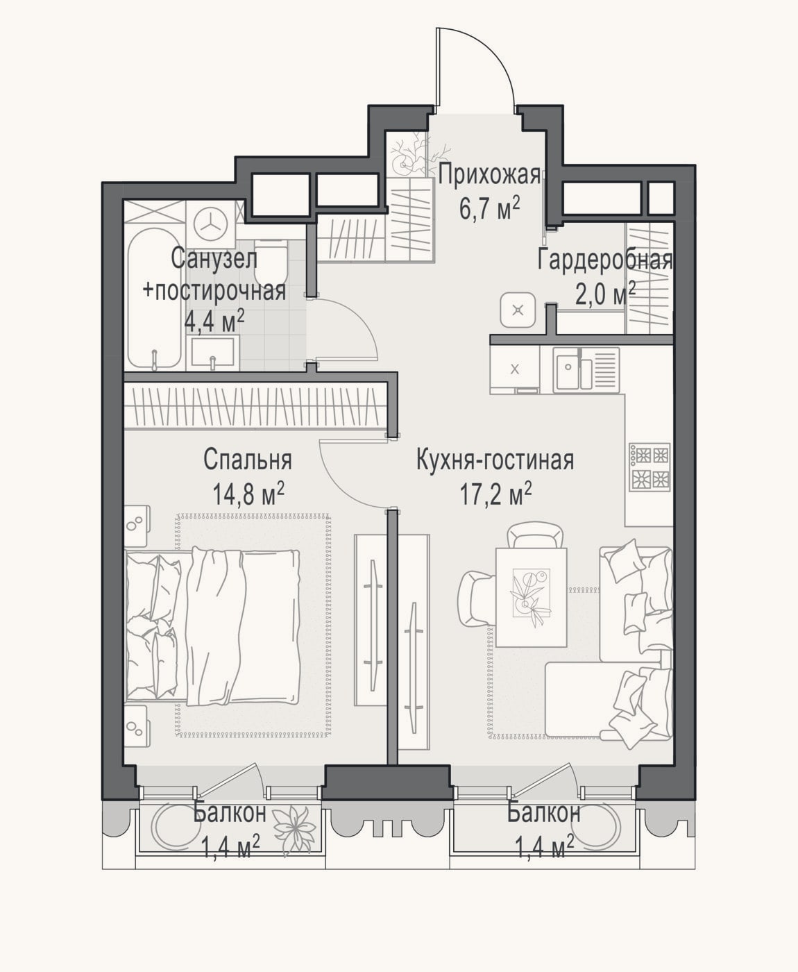 Планировка: 2-к, 44,9 м²