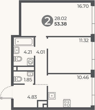 Планировка: 2-к, 53,4 м²