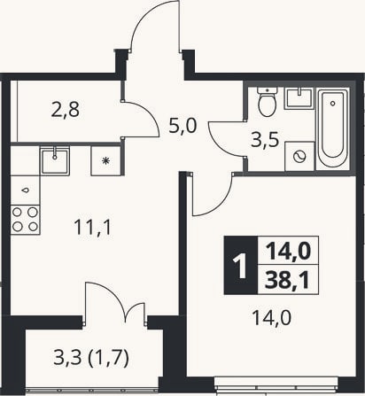 Планировка: 1-к, 36,4 м²