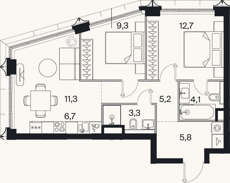 Планировка: 3-к, 58,3 м²