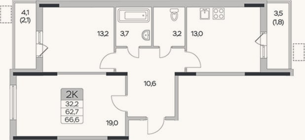 Планировка: 2-к, 62,7 м²