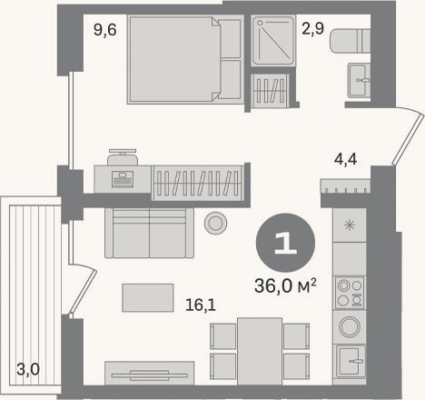 Планировка: 1-к, 33 м²