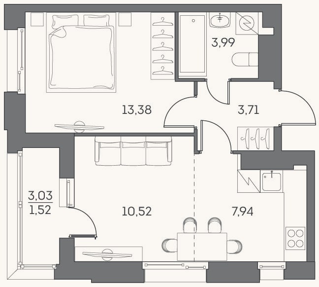 Планировка: 2-к, 39,5 м²