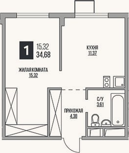 Планировка: 1-к, 34,7 м²