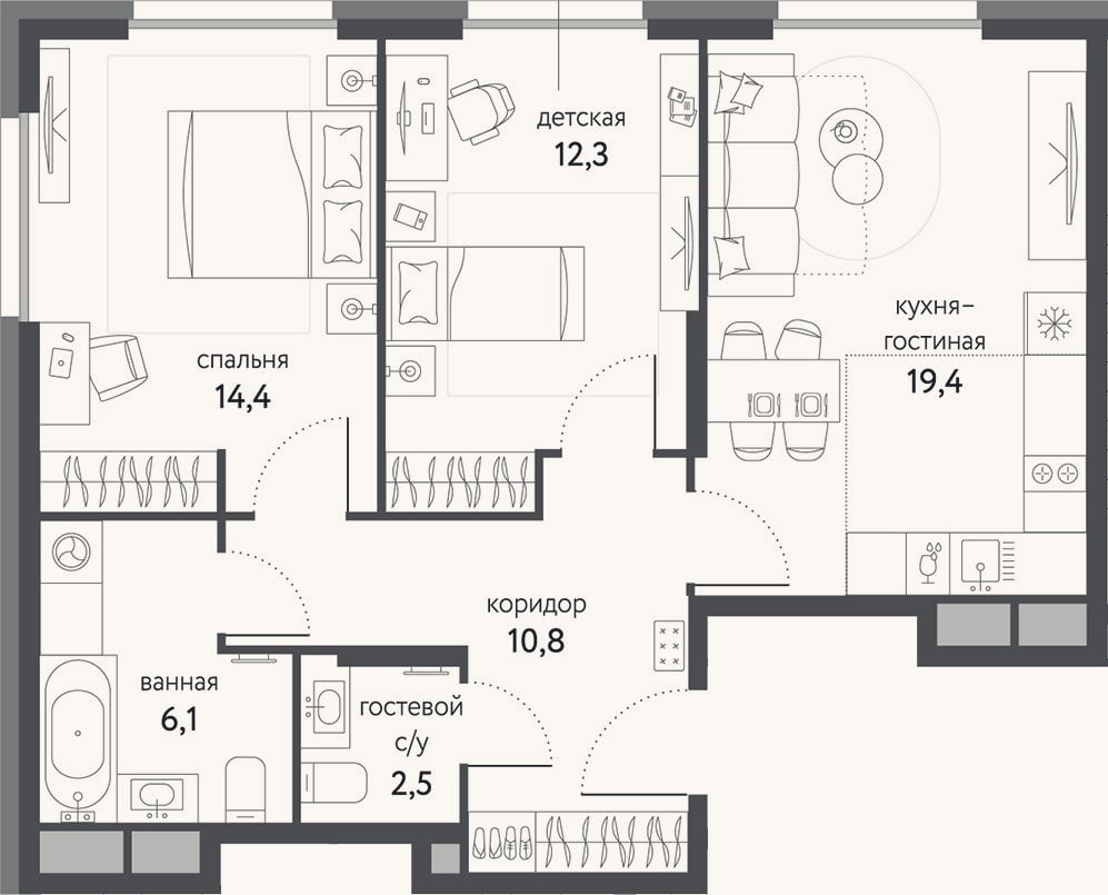 Планировка: 3-к, 65,5 м²