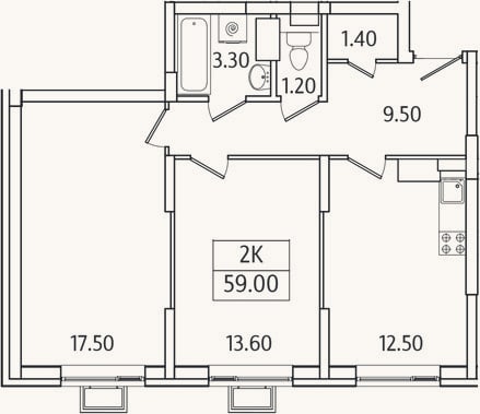 Планировка: 2-к, 59 м²
