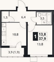 Планировка: 1-к, 36 м²