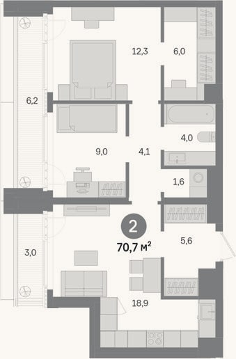 Планировка: 2-к, 61,5 м²