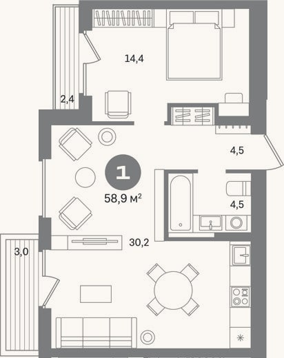 Планировка: 1-к, 53,5 м²