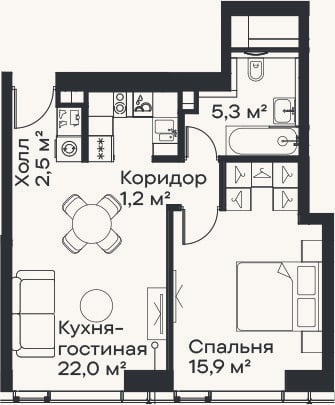 Планировка: 2-к, 46,9 м²