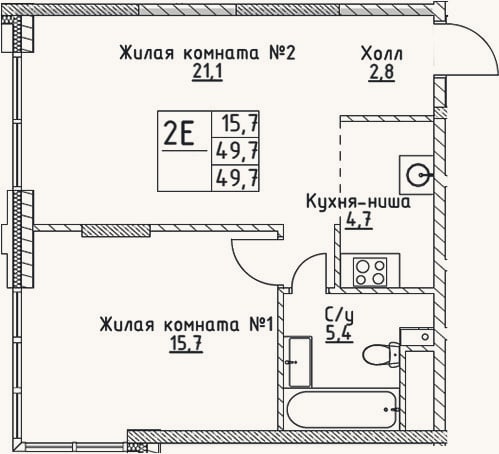 Планировка: 2-к, 48,3 м²