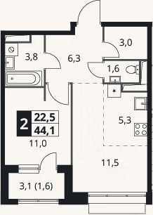 Планировка: 2-к, 42,5 м²