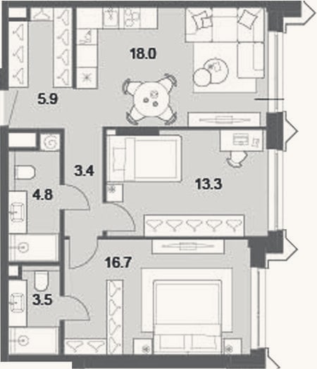 Планировка: 3-к, 65,6 м²