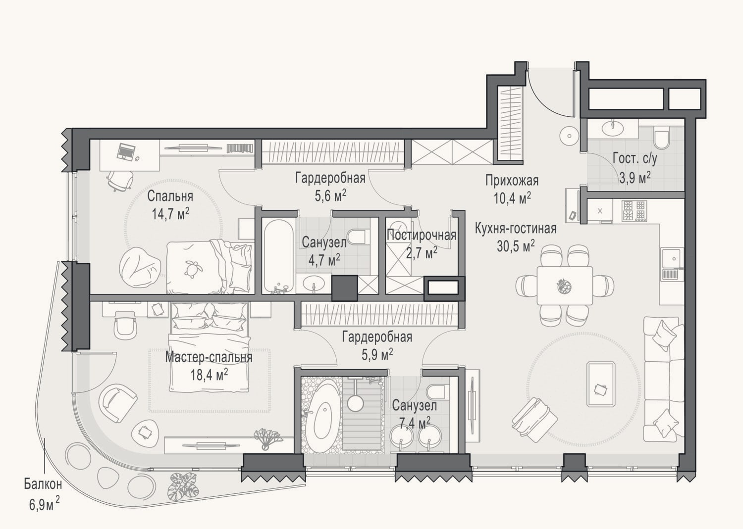 Планировка: 2-к, 103,9 м²