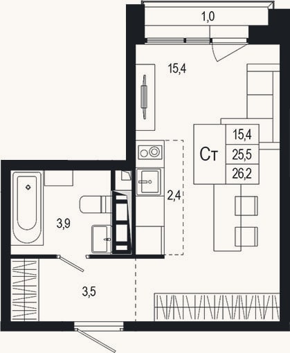 Планировка: Студия, 25,5 м²