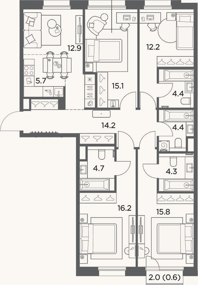 Планировка: 4+ к, 109,9 м²