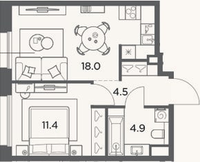 Планировка: 1-к, 38,8 м²