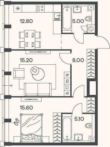 Планировка: 2-к, 61,7 м²
