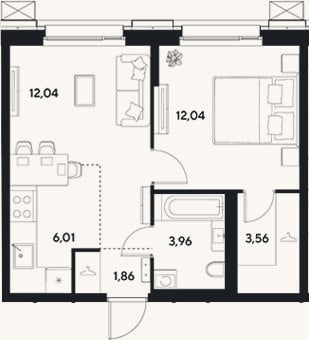 Планировка: 2-к, 39,5 м²
