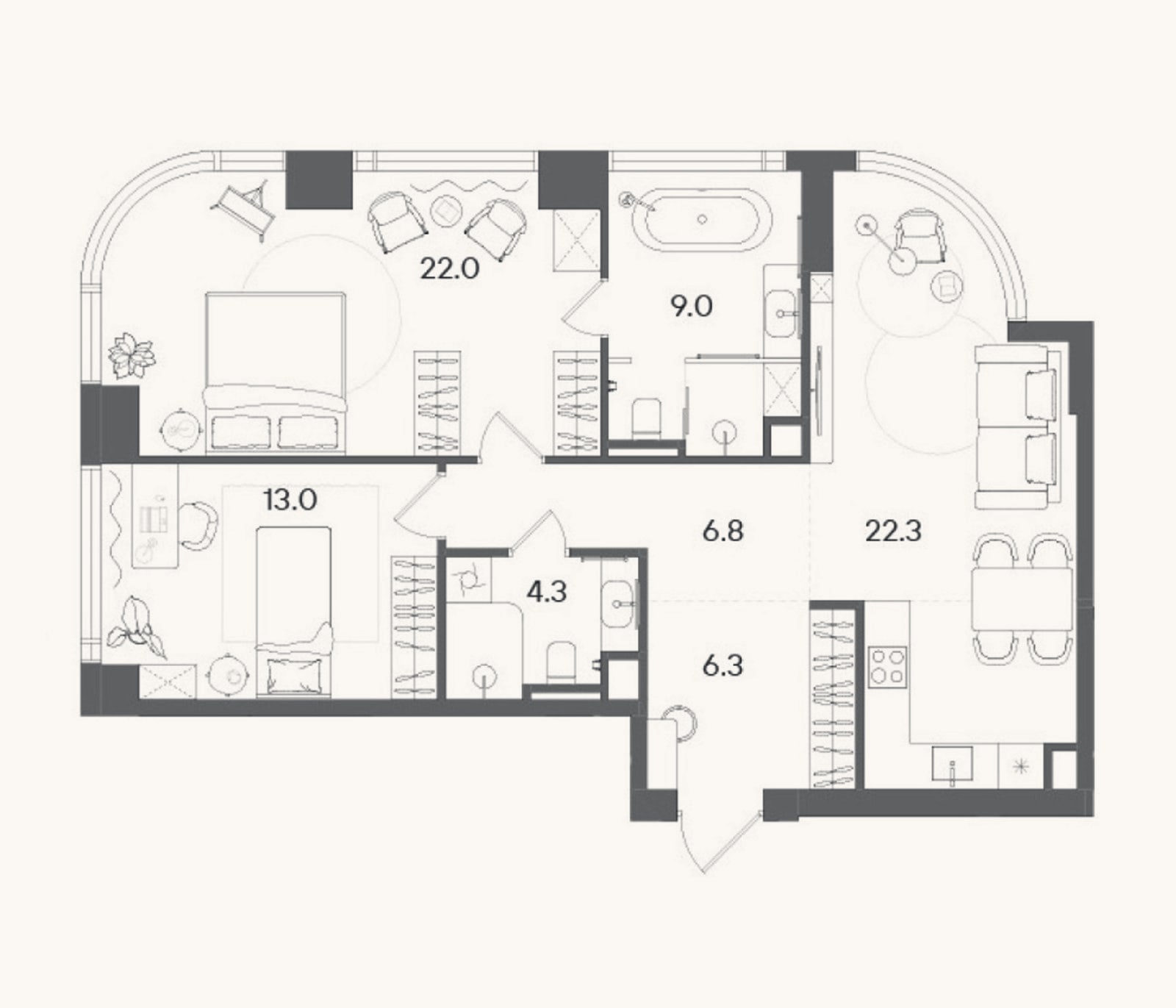 Планировка: 3-к, 83,7 м²