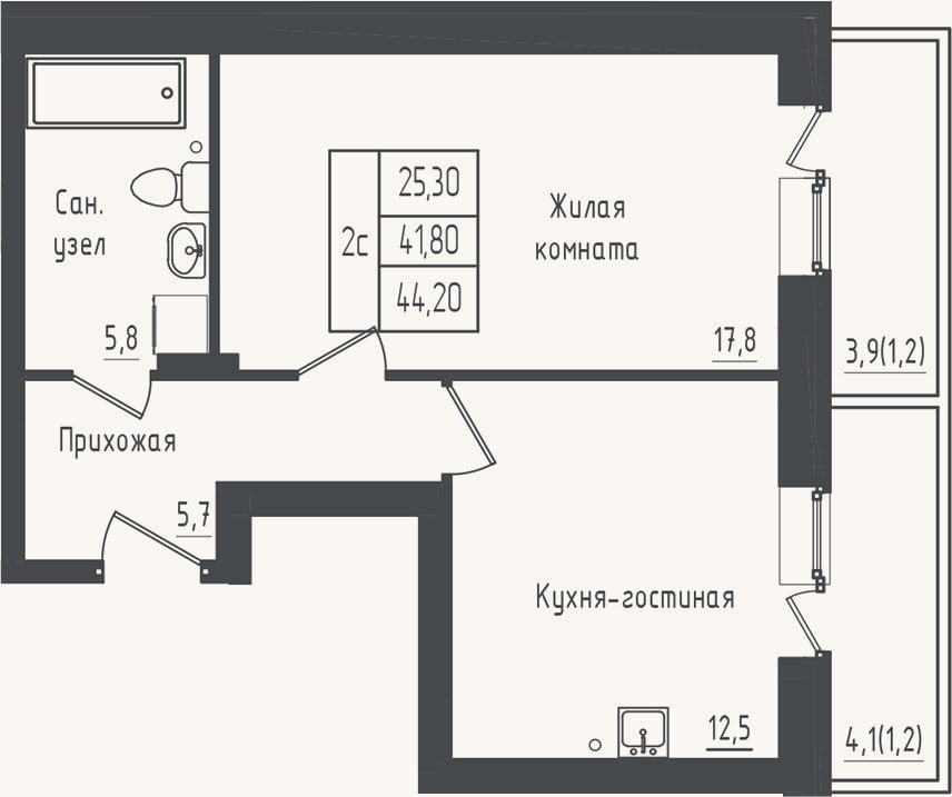 Планировка: 1-к, 41,8 м²