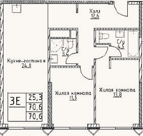 Планировка: 3-к, 70,6 м²