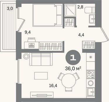 Планировка: 1-к, 33 м²