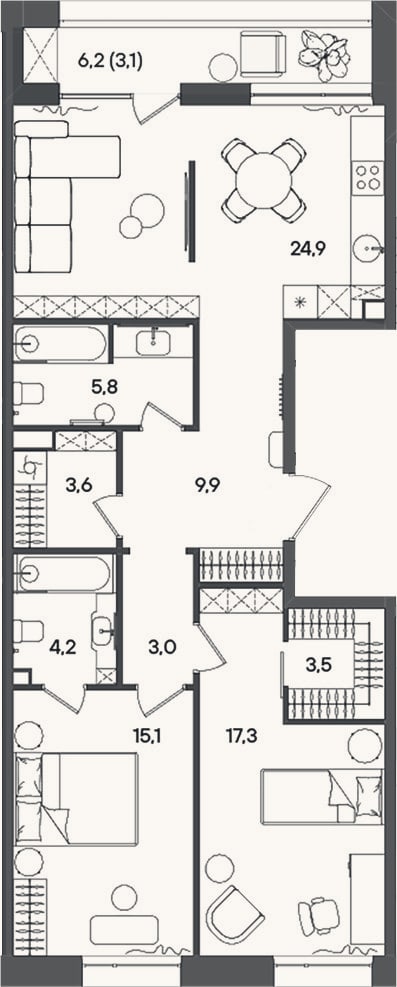 Планировка: 3-к, 87,3 м²