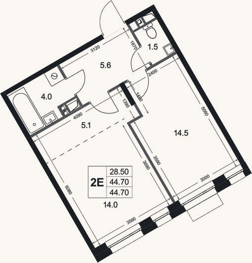 Планировка: 2-к, 44,7 м²